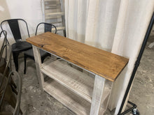 Load image into Gallery viewer, Farmhouse Narrow Bookcase: Distressed White Console Table, Early American Brown Top