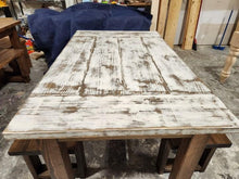 Load image into Gallery viewer, Small Table and Benches - Dining Room Table Set - Weathered White, Dark Walnut, 5ft Wooden Table