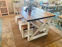 Load image into Gallery viewer, Rustic Small Farmhouse Table With Benches with Provincial Brown Top and Weathered White Base and Cross Brace Design