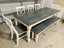 Load image into Gallery viewer, Rustic Farmhouse Dining Table Set: Turned Leg, Carbon Gray Whitewash Top
