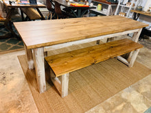 Load image into Gallery viewer, Narrow Farmhouse Table Set with Benches, Distressed White, Early American Brown, Wooden Dining Set, Kitchen Set