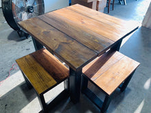 Load image into Gallery viewer, Square Farmhouse Table, Modern Farmhouse Table, Dining Set with Stools, Table with Short Benches, Provincial Brown Top and Black Base