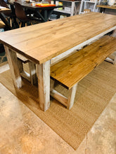 Load image into Gallery viewer, Narrow Farmhouse Table Set with Benches, Distressed White, Early American Brown, Wooden Dining Set, Kitchen Set