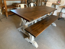 Load image into Gallery viewer, 6ft Narrow Pedestal Table with Chairs and Bench (Distressed White Dark Walnut)