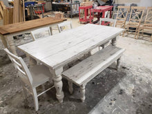 Load image into Gallery viewer, White Distressed Farmhouse Table Set: Wood Turned Legs, Bench & Chairs