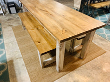 Load image into Gallery viewer, Narrow Farmhouse Table Set with Benches, Distressed White, Early American Brown, Wooden Dining Set, Kitchen Set