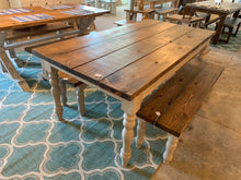 Load image into Gallery viewer, Farmhouse Table Set with Turned Legs, Two Benches, Provincial Brown Top and Gray Sun-Bleached Stain Base Dining Set
