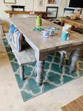 Load image into Gallery viewer, Rustic Farmhouse Table Set with Turned Chunky Legs, Includes two Benches, Gray White Wash Top and Classic Gray Base Dining Set