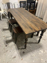 Load image into Gallery viewer, 6-Foot Narrow Farmhouse Table with Bench and Metal Chairs (Dark Walnut)
