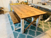 Load image into Gallery viewer, Modern Farmhouse Table Set with Benches, Early American Brown Top, and White Distressed Base, Wooden Dining Set 6ft Table