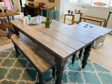 Load image into Gallery viewer, Rustic Farmhouse Table Set with Turned Chunky Legs, Includes two Benches, Gray White Wash Top and Classic Gray Base Dining Set