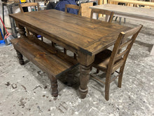 Load image into Gallery viewer, 6-Foot Rustic Farmhouse Dining Set with Chunky Turned Legs, and Bench in Dark Walnut