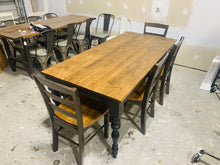 Load image into Gallery viewer, Rustic Turned Leg Farmhouse Table Set, Bench and Chairs with Black Base and Provincial Brown Top, Dining Table Set