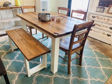 Load image into Gallery viewer, Farmhouse Dining Set - Bench Seating - Early American, Antique White - Wooden Kitchen or Dining Room Table - Rustic Farmhouse Style