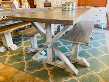 Load image into Gallery viewer, Narrow 7ft Rustic Pedestal Farmhouse Dining Table Set with Benches (Gray White Wash)