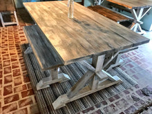 Load image into Gallery viewer, 6ft Classic Pedestal Table With Benches (Gray Whitewash, Distressed White)