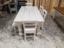 Load image into Gallery viewer, White Distressed Farmhouse Table Set: Wood Turned Legs, Bench & Chairs