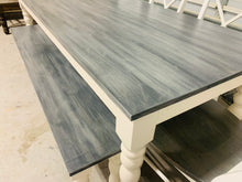 Load image into Gallery viewer, Rustic Farmhouse Dining Table Set: Turned Leg, Carbon Gray Whitewash Top