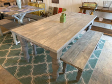 Load image into Gallery viewer, Rustic Farmhouse Table Set with Turned Chunky Legs, Includes two Benches, Gray White Wash Top and Classic Gray Base Dining Set