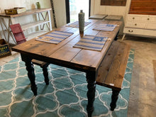 Load image into Gallery viewer, Modern Farmhouse Dining Set with Elegant Turned Legs | Handcrafted Wood Table & Benches | Customizable Seating Options
