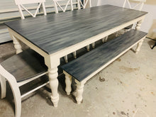 Load image into Gallery viewer, Rustic Farmhouse Dining Table Set: Turned Leg, Carbon Gray Whitewash Top