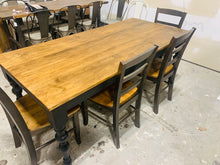 Load image into Gallery viewer, Rustic Turned Leg Farmhouse Table Set, Bench and Chairs with Black Base and Provincial Brown Top, Dining Table Set