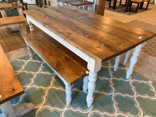 Load image into Gallery viewer, Farmhouse Table Set with Turned Legs, Two Benches, Provincial Brown Top and Gray Sun-Bleached Stain Base Dining Set