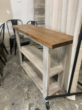 Load image into Gallery viewer, Farmhouse Narrow Bookcase: Distressed White Console Table, Early American Brown Top