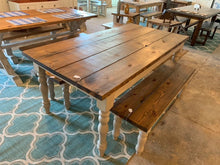 Load image into Gallery viewer, Farmhouse Table Set with Turned Legs, Two Benches, Provincial Brown Top and Gray Sun-Bleached Stain Base Dining Set
