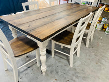 Load image into Gallery viewer, 7-Foot Farmhouse Table: Dark Walnut Top, Antique White Turned Legs