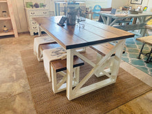Load image into Gallery viewer, Rustic Small Farmhouse Table With Benches with Provincial Brown Top and Weathered White Base and Cross Brace Design