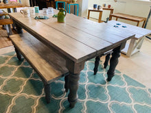 Load image into Gallery viewer, Rustic Farmhouse Table Set with Turned Chunky Legs, Includes two Benches, Gray White Wash Top and Classic Gray Base Dining Set