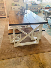 Load image into Gallery viewer, Rustic Small Farmhouse Table With Benches with Provincial Brown Top and Weathered White Base and Cross Brace Design