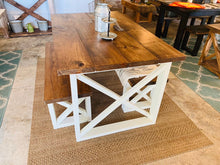 Load image into Gallery viewer, Rustic Small Farmhouse Table With Benches with Provincial Brown Top and Weathered White Base and Cross Brace Design