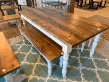 Load image into Gallery viewer, Farmhouse Table Set with Turned Legs, Two Benches, Provincial Brown Top and Gray Sun-Bleached Stain Base Dining Set