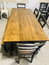 Load image into Gallery viewer, Rustic Turned Leg Farmhouse Table Set, Bench and Chairs with Black Base and Provincial Brown Top, Dining Table Set