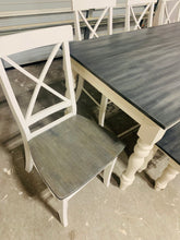 Load image into Gallery viewer, Rustic Farmhouse Dining Table Set: Turned Leg, Carbon Gray Whitewash Top