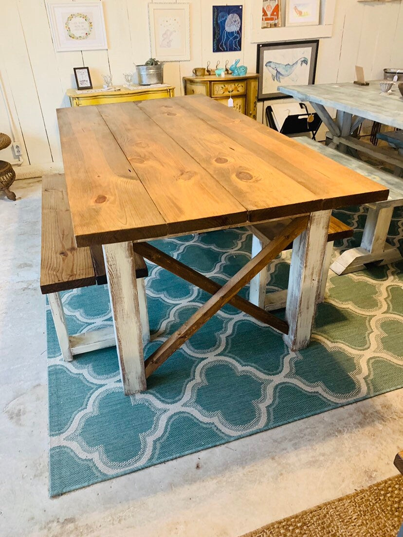 Modern Farmhouse Table Set with Benches, Early American Brown Top, and White Distressed Base, Wooden Dining Set 6ft Table