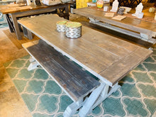 Load image into Gallery viewer, Narrow 7ft Rustic Pedestal Farmhouse Dining Table Set with Benches (Gray White Wash)