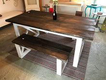 Load image into Gallery viewer, Rustic Farmhouse Table with Benches with Dark Walnut Top and Antique White Base and Cross Brace Design