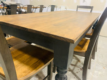 Load image into Gallery viewer, Rustic Turned Leg Farmhouse Table Set, Bench and Chairs with Black Base and Provincial Brown Top, Dining Table Set
