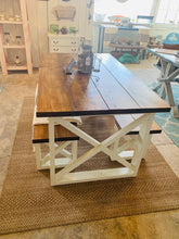 Load image into Gallery viewer, Rustic Small Farmhouse Table With Benches with Provincial Brown Top and Weathered White Base and Cross Brace Design