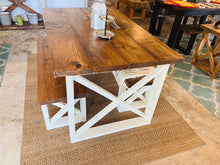 Load image into Gallery viewer, Rustic Small Farmhouse Table With Benches with Provincial Brown Top and Weathered White Base and Cross Brace Design