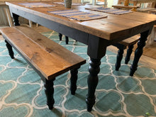 Load image into Gallery viewer, Modern Farmhouse Dining Set with Elegant Turned Legs | Handcrafted Wood Table & Benches | Customizable Seating Options
