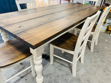 Load image into Gallery viewer, 7-Foot Farmhouse Table: Dark Walnut Top, Antique White Turned Legs
