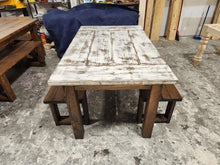 Load image into Gallery viewer, Small Table and Benches - Dining Room Table Set - Weathered White, Dark Walnut, 5ft Wooden Table