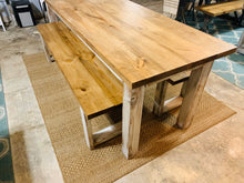 Load image into Gallery viewer, Narrow Farmhouse Table Set with Benches, Distressed White, Early American Brown, Wooden Dining Set, Kitchen Set