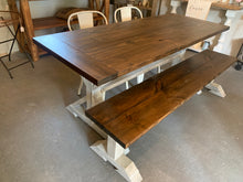 Load image into Gallery viewer, 6ft Narrow Pedestal Table with Chairs and Bench (Distressed White Dark Walnut)