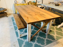 Load image into Gallery viewer, Modern Farmhouse Table Set with Benches, Early American Brown Top, and White Distressed Base, Wooden Dining Set 6ft Table