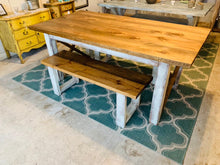 Load image into Gallery viewer, Modern Farmhouse Table Set with Benches, Early American Brown Top, and White Distressed Base, Wooden Dining Set 6ft Table